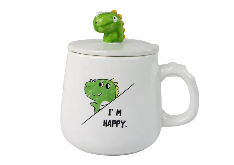 Kubek Ceramiczny Dinozaur Przykrywka Łyżeczka 350ml - Biały
