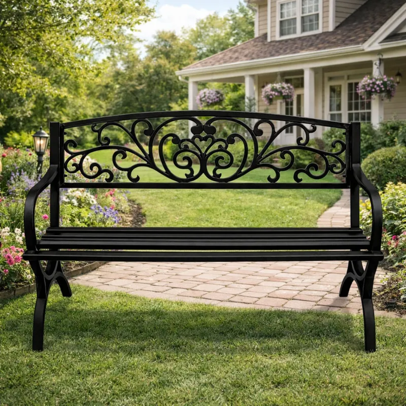 Ławka Ogrodowa Taras Ogród Parkowa Metalowa Oparcie Zdobiona 127 cm - Czarna