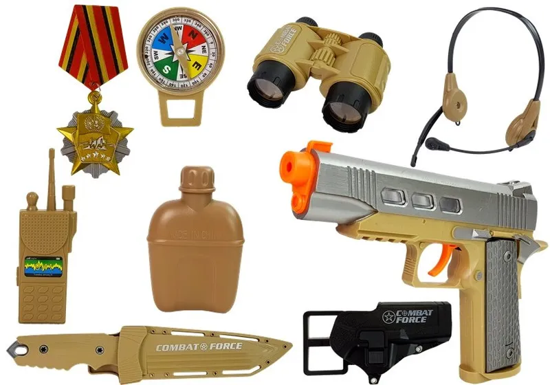 Zestaw Wojskowy Z Akcesoriami Pistolet Nóż Lornetka Słuchawki Gwizdek Krótkofalówka Jasnozielony