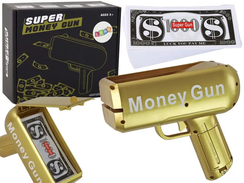 Pistolet Na Pieniądze Strzelający Wyrzutnia Money Gun Banknoty - Złoty