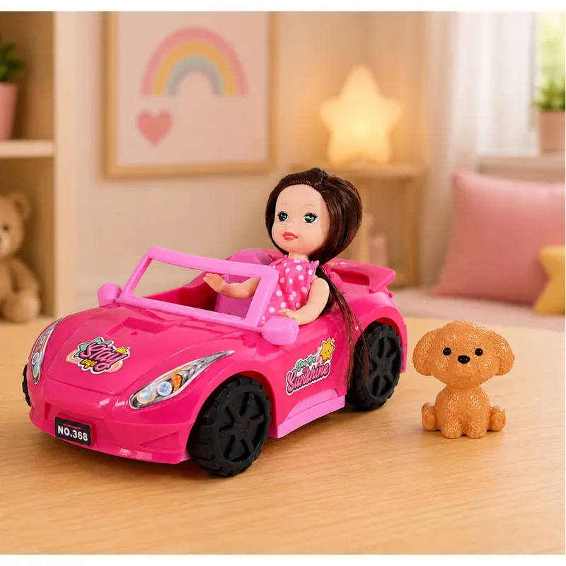 Zestaw Mini Laleczka W Samochodzie Kabriolet Figurka Pieska - Różowy
