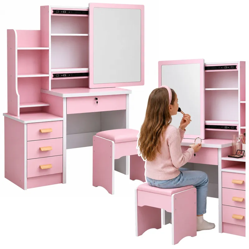 Toaletka Kosmetyczna Z Lustrem Szuflady Półki Taboret 130x80x36 cm - Różowa