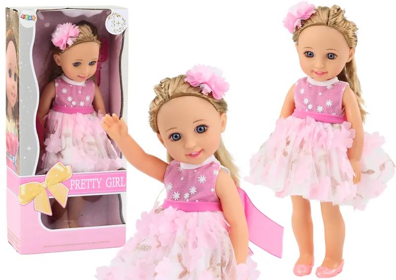 Lalka Sukienka Długie Włosy Spinka Szczotka 38cm - Różowa