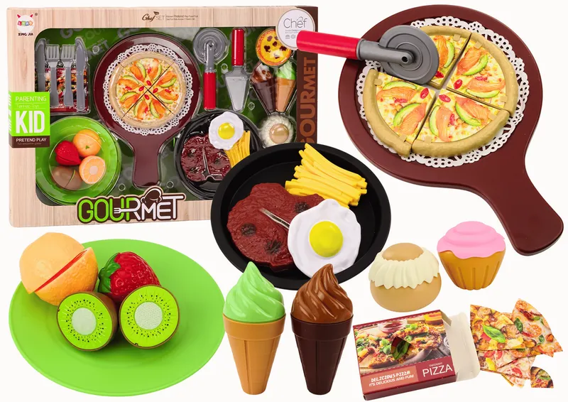Zestaw Fast Food Owoce Stek Lody Akcesoria Pizza Frytki 26 Ele