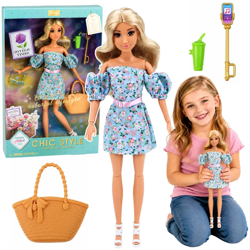 Lalka Anlily Fashion W Niebieskiej Sukience W Kwiaty Torba Akcesoria Zestaw
