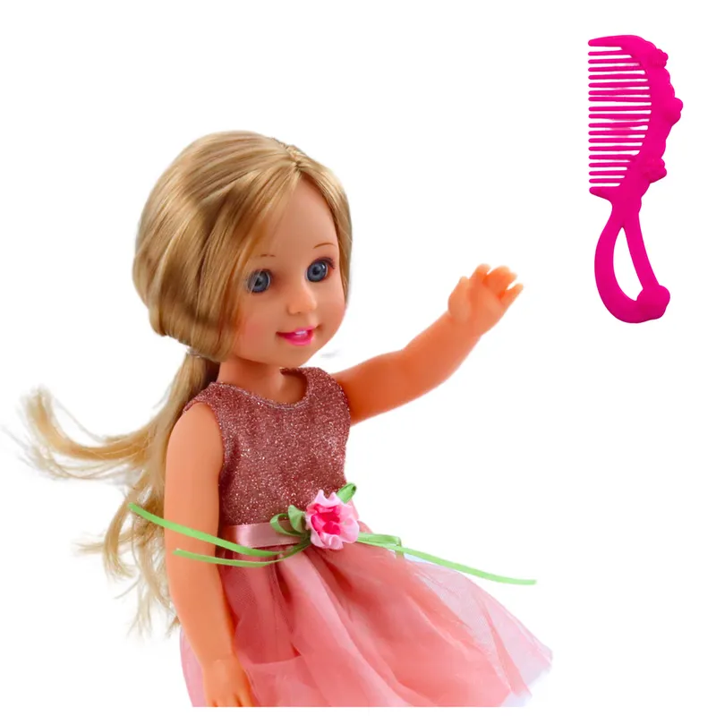 Lalka W Sukience Z Kokardką Długie Włosy Grzebień 38cm - Różowa