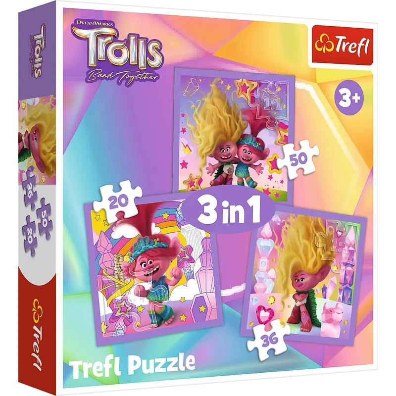 TREFL 34870 Puzzle 3w1 Poznaj Wesołe Trolle
