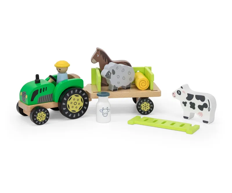 Viga 44680 Drewniany Traktor Z Przyczepką I Zwierzętami