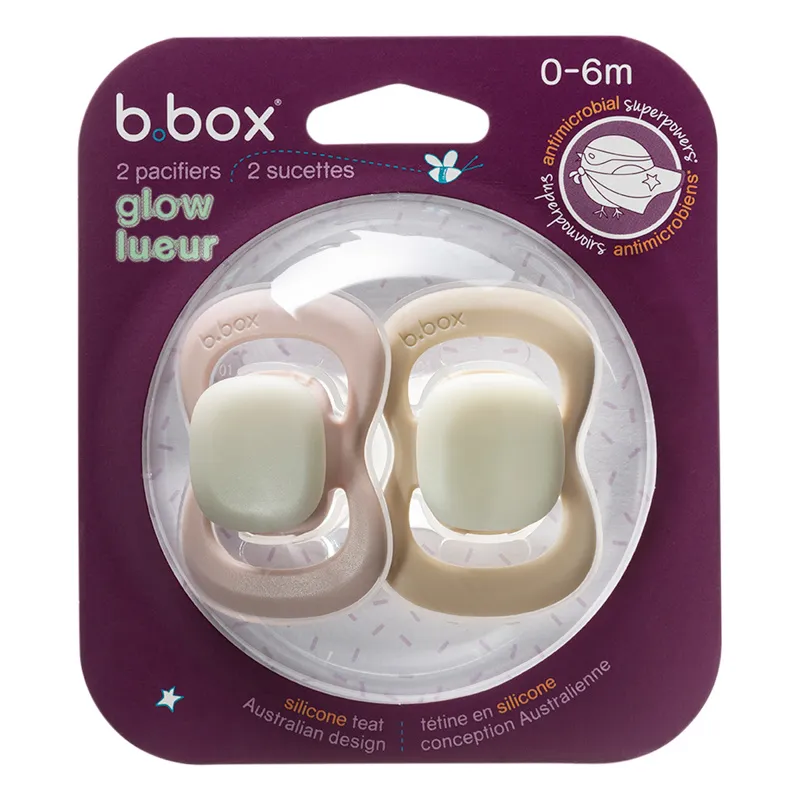 B.BOX BB300711 Smoczek Silikonowy Symetryczny 0-6M 2 szt Glow In The Dark Róż/Latte