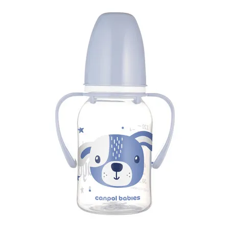 CANPOL 11/823 Butelka Standardowa Z Uchwytami 120 ml CUTE ANIMALS - Niebieska
