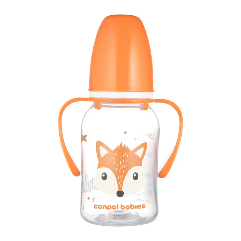 CANPOL 11/823 Butelka Standardowa Z Uchwytami 120 ml CUTE ANIMALS - Pomarańczowa