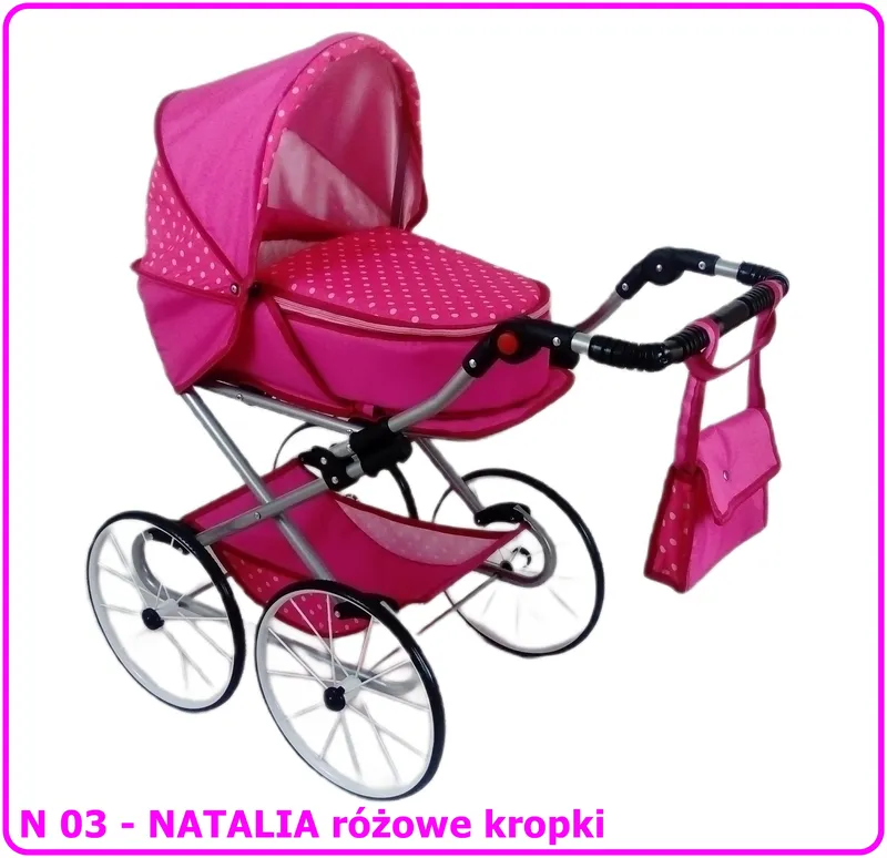 Wózek Dla Lalek Głęboko-Spacerowy NATALIA RETRO N03 Kropki - Różowe