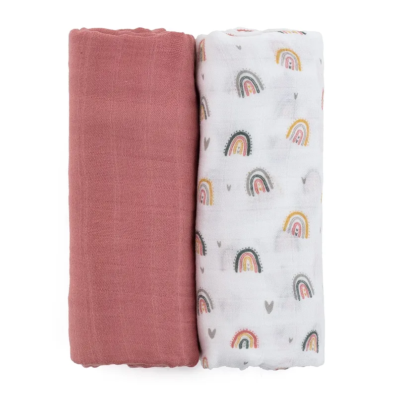 PETITE&MARS 417362 Zestaw Otulaczy Z Muślinu Bambusowego 2 szt Misty Rose Rainbows 120x120