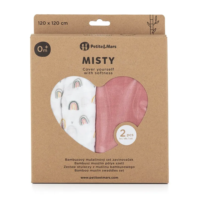 PETITE&MARS 417362 Zestaw Otulaczy Z Muślinu Bambusowego 2 szt Misty Rose Rainbows 120x120