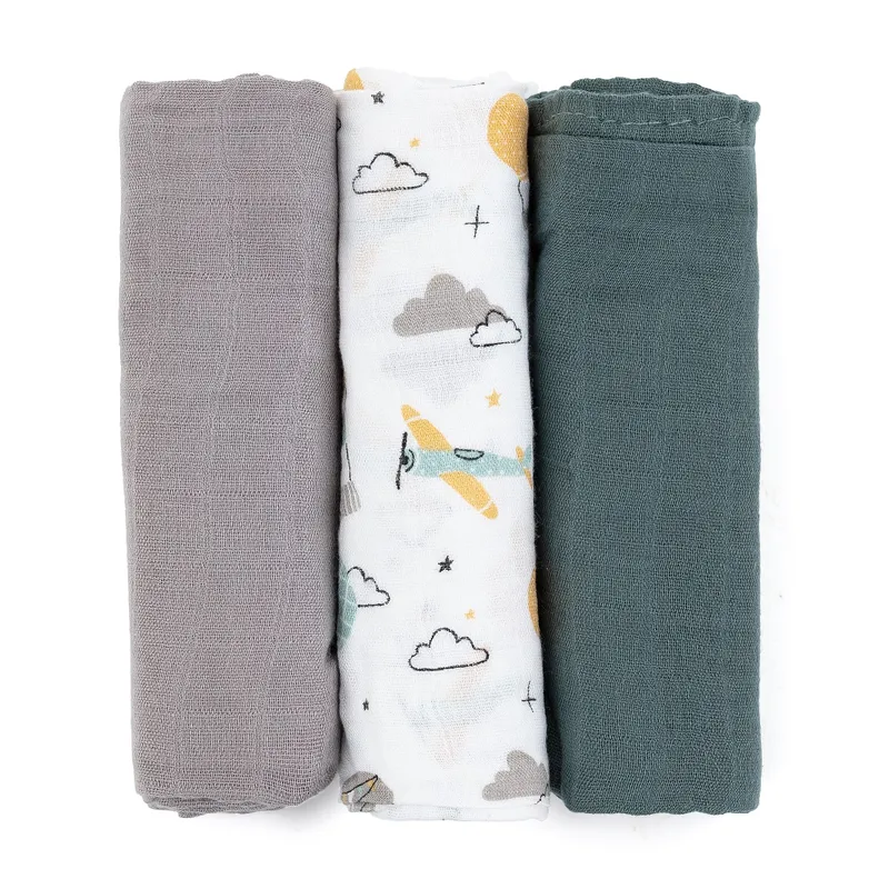 PETITE&MARS 415361 Zestaw Pieluszek Z Muślinu Bambusowego 3 szt 68x68 cm Grey Planes