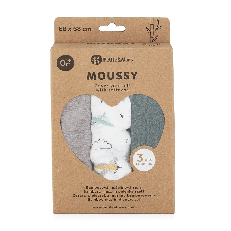 PETITE&MARS 415361 Zestaw Pieluszek Z Muślinu Bambusowego 3 szt 68x68 cm Grey Planes