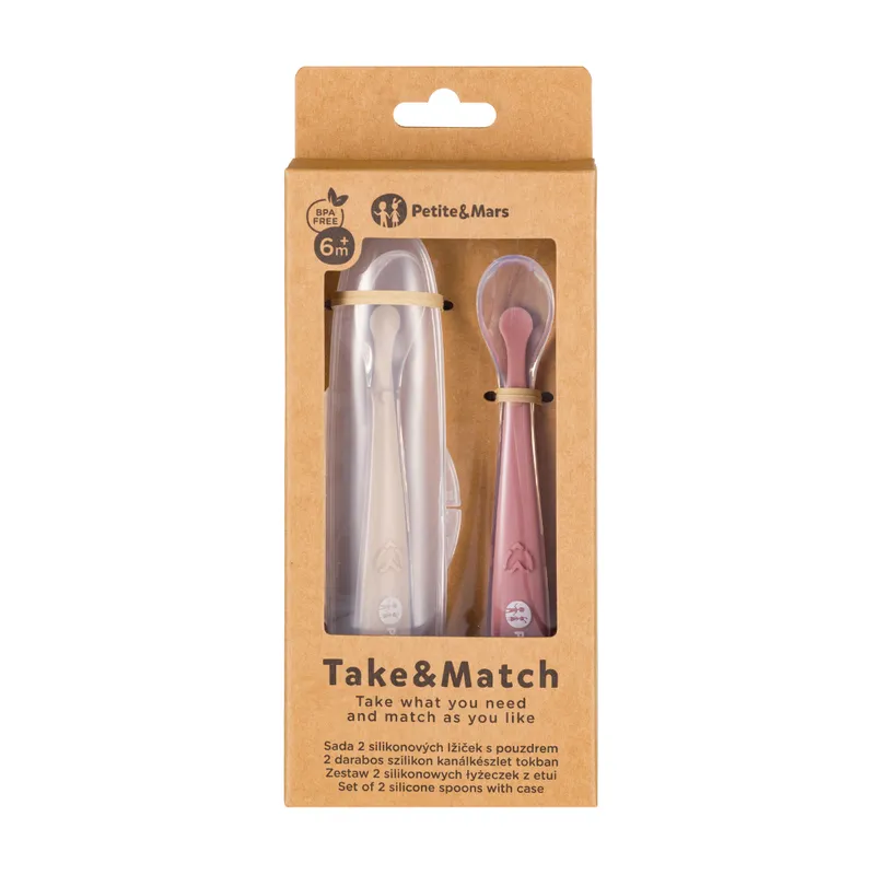 PETITE&MARS 728126 Zestaw 2 Silikonowych Łyżeczek Z Etui Take&Match Sand - Rose