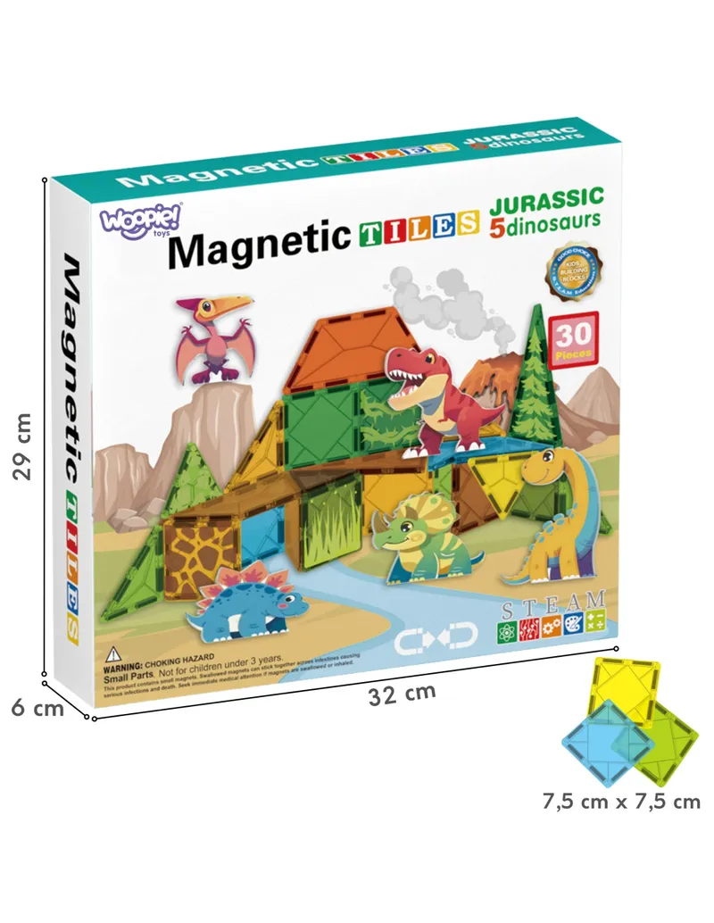 WOOPIE 558390 Klocki Magnetyczne 7,5 cm Dino 30 el