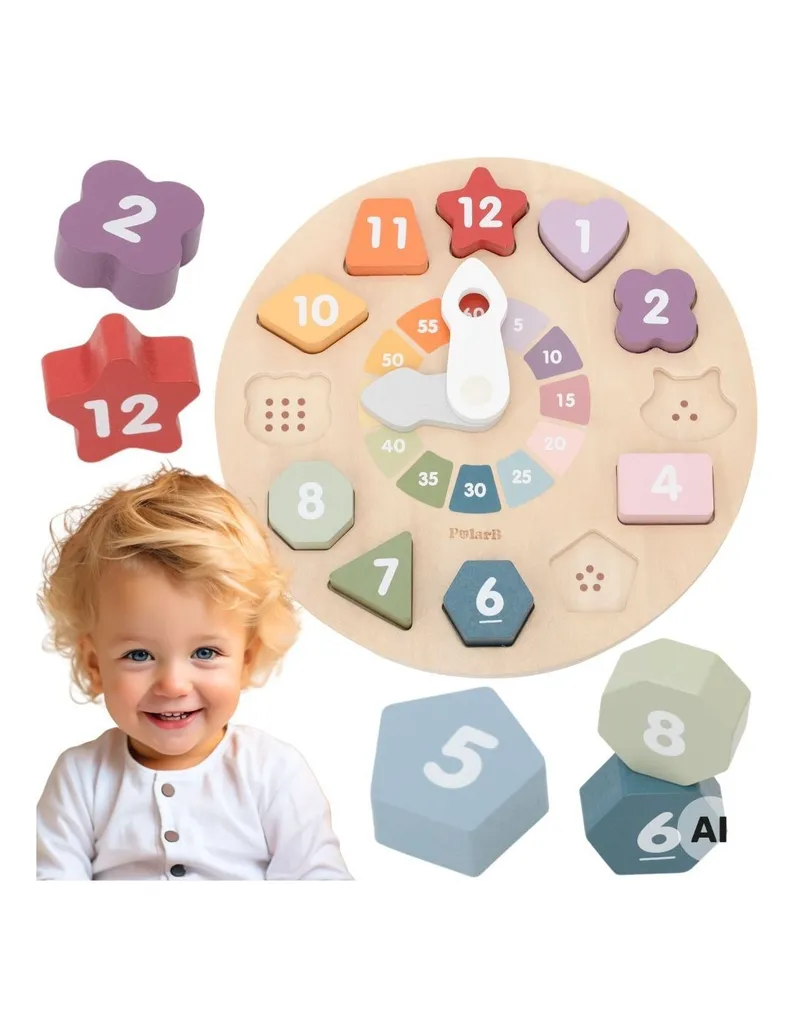 VIGA 44287 Drewniany Zegar Sorter Kształtów Edukacyjny