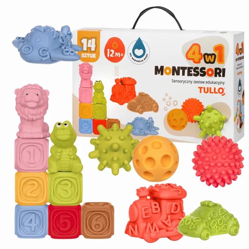 TULLO 614 Klocki Sensoryczne, Pojazdy, Piłeczki Sensoryczne, Zwierzątka - Zestaw Edukacyjny Montessori 14 szt