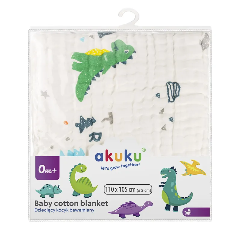 AKUKU A0685 Kocyk / Otulacz / Ręcznik Muślinowy 110x105 cm Dinozaury