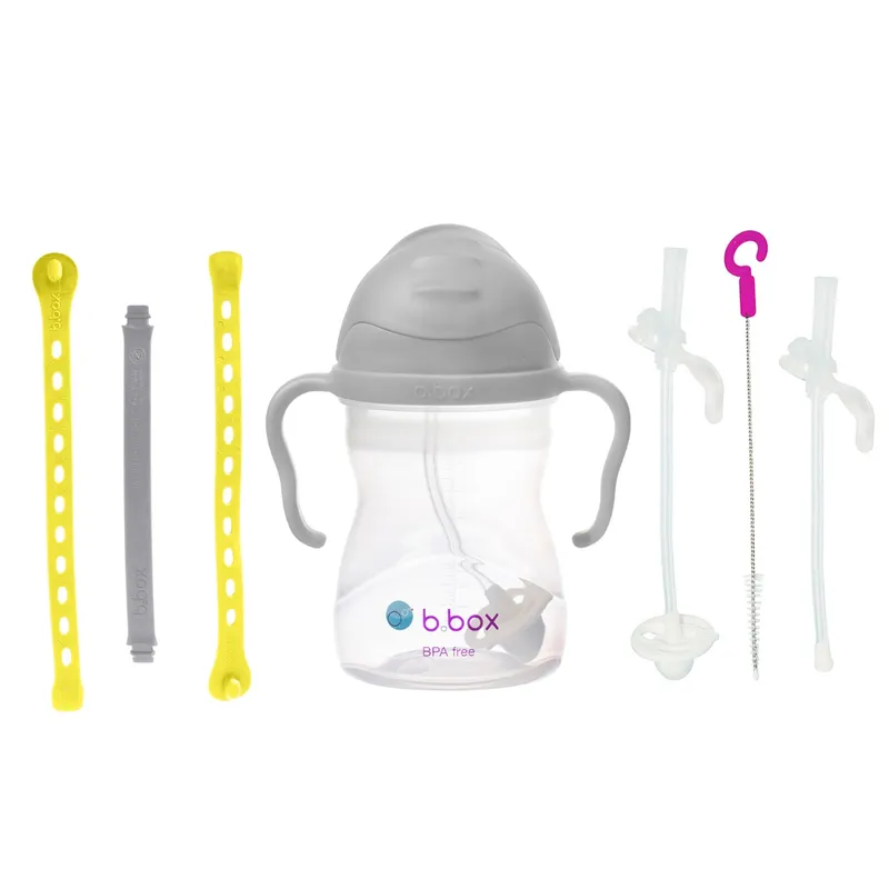 B.BOX 62627 Zestaw Na Start 3W1- Bidon Ze SŁOMKĄ240ML + Smycz Lemon Sherbet + Zapasowe Słomki - Szary