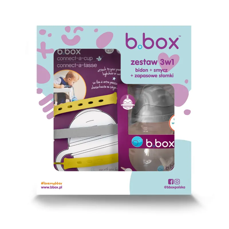 B.BOX 62627 Zestaw Na Start 3W1- Bidon Ze SŁOMKĄ240ML + Smycz Lemon Sherbet + Zapasowe Słomki - Szary