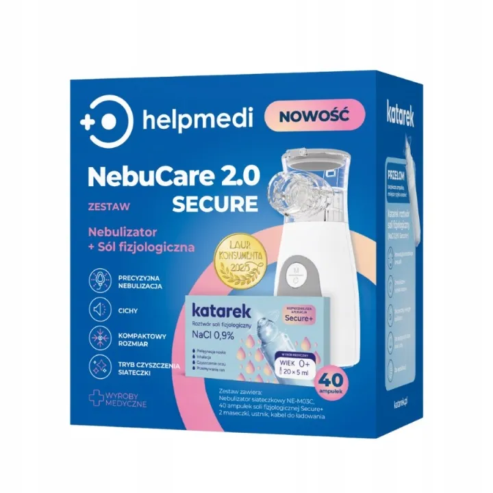 HELPMEDI Katarek NebuCare 2.0 Secure Nebulizator + Sól Fizjologiczna NOWOŚĆ