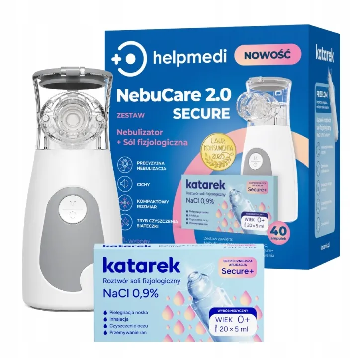 HELPMEDI Katarek NebuCare 2.0 Secure Nebulizator + Sól Fizjologiczna NOWOŚĆ