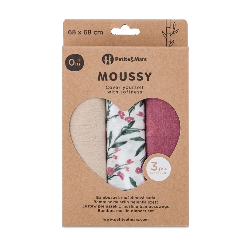PETITE&MARS 415364 Zestaw Pieluszek Z Muślinu Bambusowego 3 szt 68x68 cm Pink Meadow