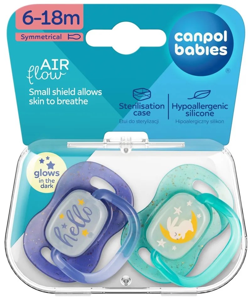 CANPOL 34/943 Smoczek Uspokajający Silikonowy 6-18M Symetryczny NightGlow 2 szt - Niebieski