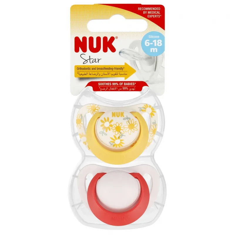 NUK 736726 Smoczek Uspokajający 2 el. 6-18M STAR Żółty/Różowy