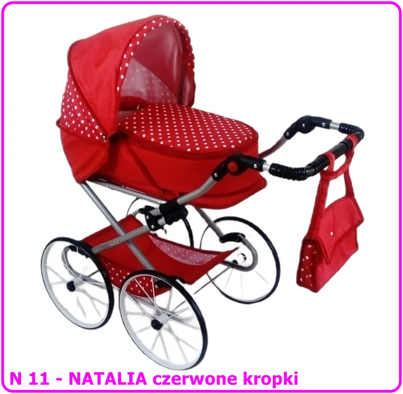 Wózek Dla Lalek Głęboko-Spacerowy NATALIA RETRO N11 W Kropki - Czerwony