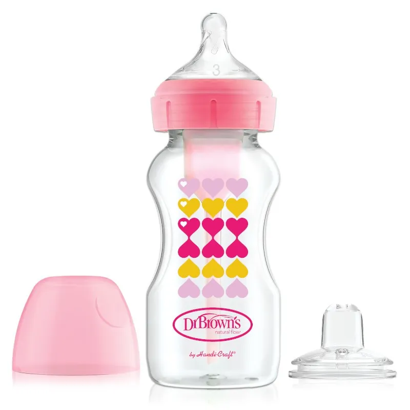 Dr.Browns WB91604 Butelka Szeroka Szyjka 270ml Options + Dekorowana Ze Smoczkiem 6+ I Ustnikiem Niekapkiem - Różowa