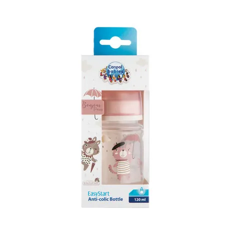 CANPOL 35/231 Butelka Szeroka Antykolkowa 120ml Bonjour - Różowa