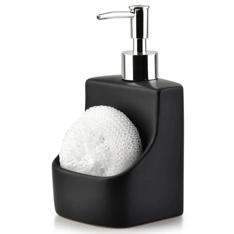 Dozownik Do Naczyń Ceramiczny 400 ml Z Gąbką I Kieszenią, MEBLIVA - Czarny