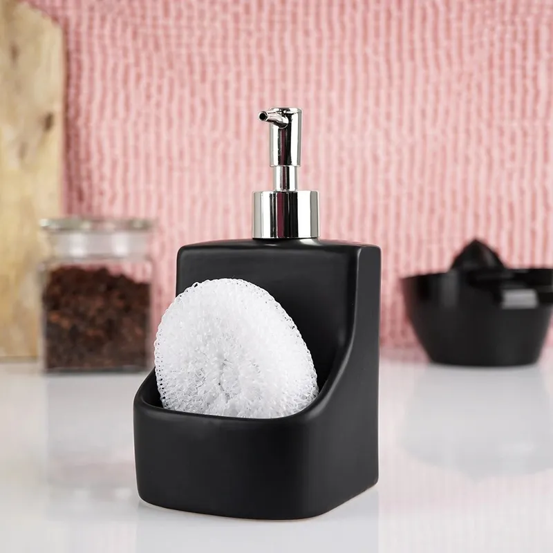 Dozownik Do Naczyń Ceramiczny 400 ml Z Gąbką I Kieszenią, MEBLIVA - Czarny
