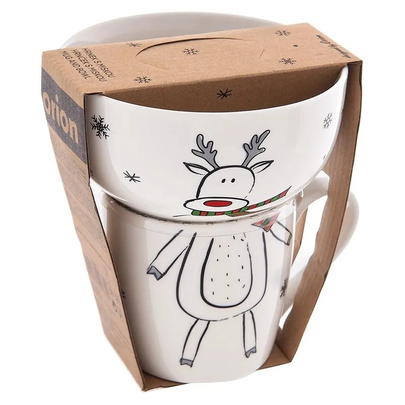 Kubek Z Miseczką Porcelanowy 2 el. Renifer Zestaw Śniadaniowy MEBLIVA