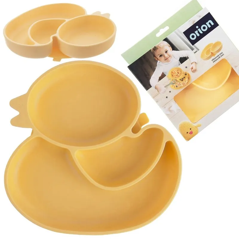 Talerz Dla Dziecka Silikonowy Dzielony Kaczka 19,5x19 cm MEBLIVA - Żółta