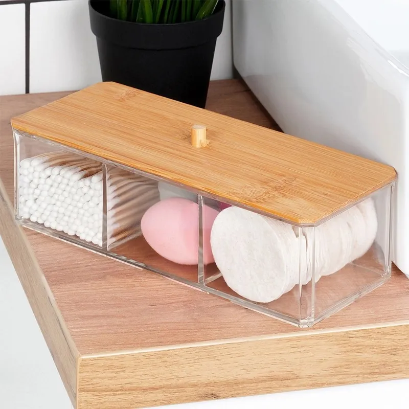 Organizer Na Kosmetyki Z Pokrywką 23,5 x 10 x 8,5 cm Bambusowy MEBLIVA