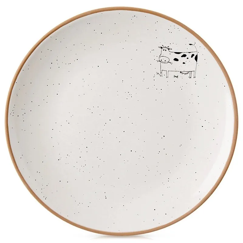 Talerz Deserowy Ceramiczny 20 cm Krowa Efektowny Dekor MEBLIVA - Beżowy