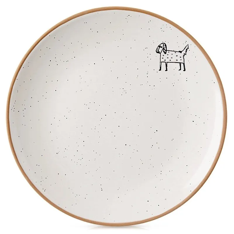 Talerz Deserowy Ceramiczny 20 cm Pies Efektowny Dekor MEBLIVA - Beżowy