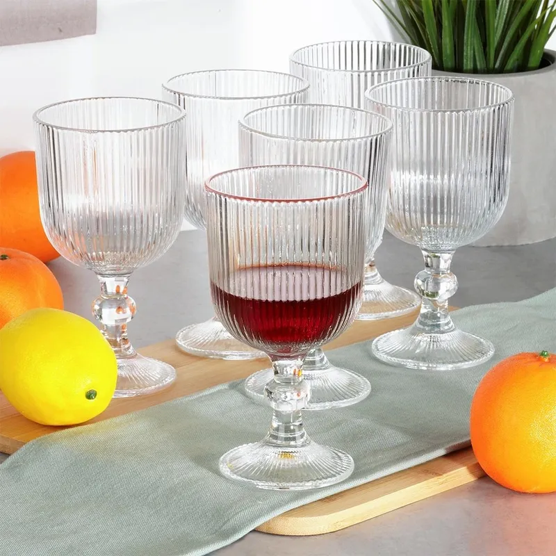 Kieliszki Do Wina Szklane Ryflowane 6 szt. 340 ml Zmywarka MEBLIVA