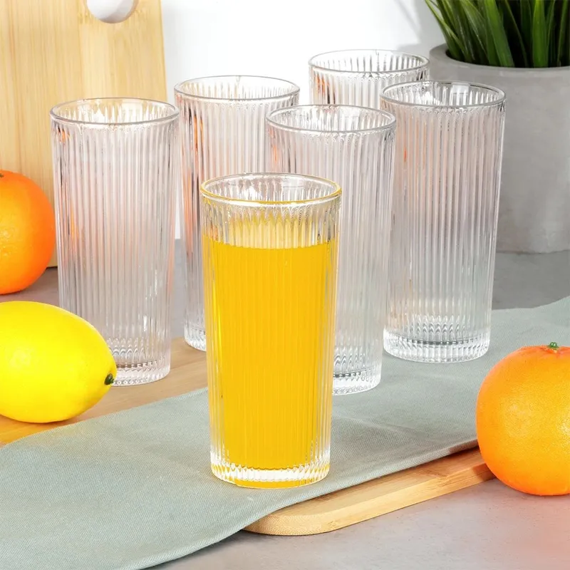 Szklanki Wysokie Zestaw 6 szt. 320 ml Ryflowane Szkło Do Zmywarki MEBLIVA