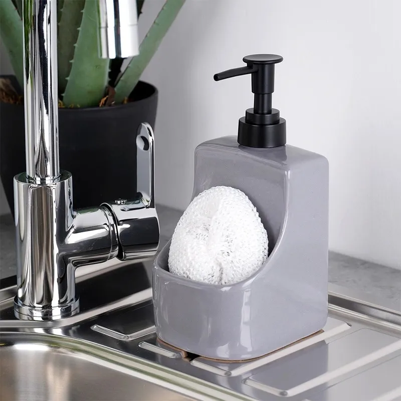 Dozownik Do Naczyń Ceramiczny 400 ml Z Gąbką, Błyszczący MEBLIVA - Szary