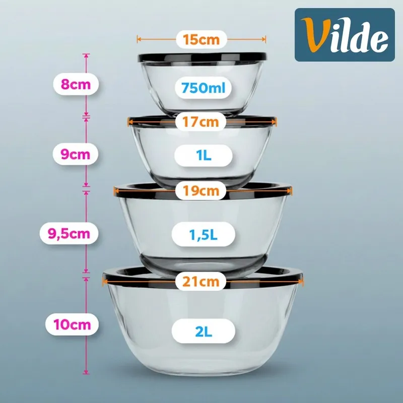 Miska Szklana Z Pokrywką 750 ml / 1 l / 1,5 l / 2 l 4 szt. MEBLIVA