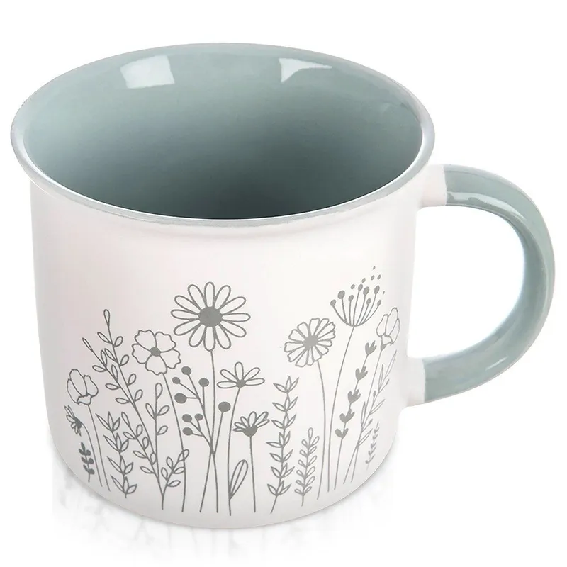 Kubek Porcelanowy 400 ml Kwiaty Solidny Do Zmywarki MEBLIVA - Biały