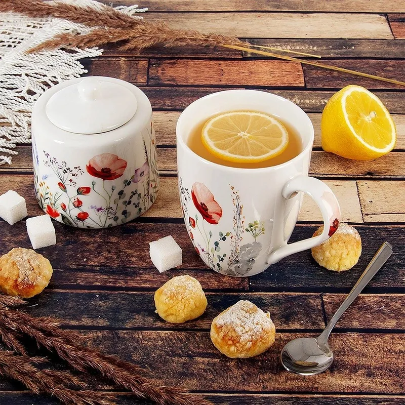 Kubek Porcelanowy 360 ml Maki Kwiatowy Dekor Do Zmywarki MEBLIVA