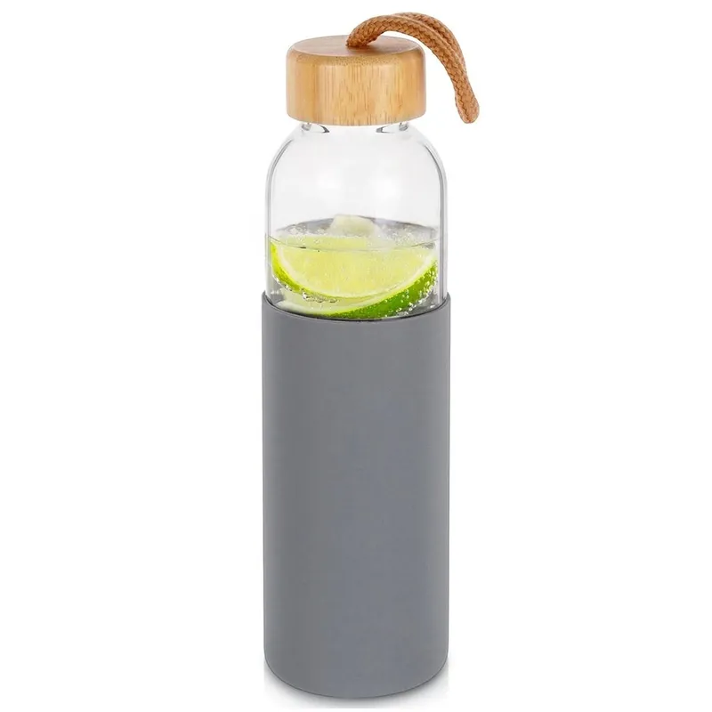 Butelka Na Wodę Szklana 500 ml Silikonowy Pokrowiec MEBLIVA - Szary