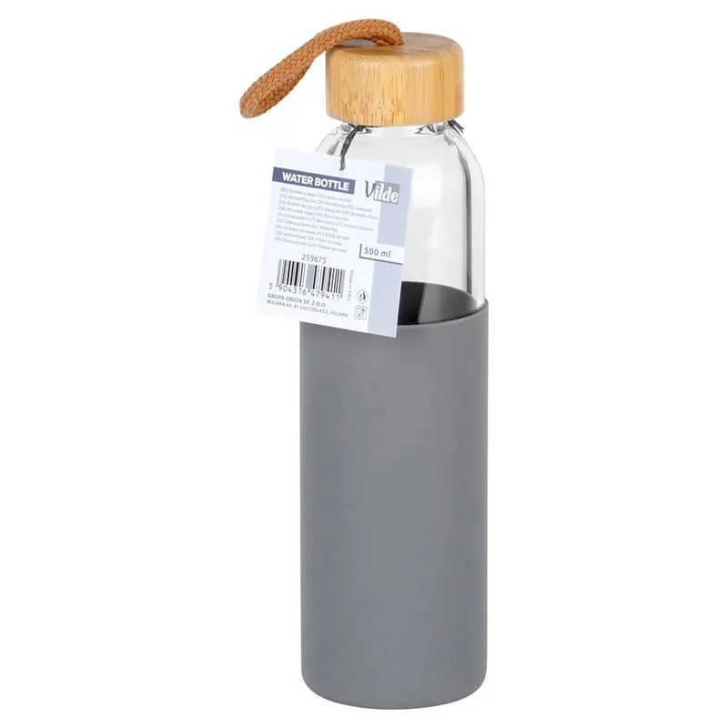 Butelka Na Wodę Szklana 500 ml Silikonowy Pokrowiec MEBLIVA - Szary